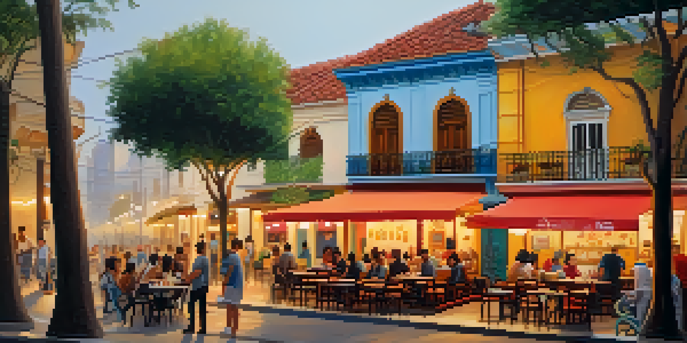 A lively café in Barranco, Lima, filled with people enjoying coffee and pastries amidst colorful decorations and street art.