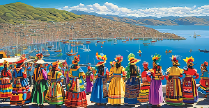 A lively festival scene with participants in colorful traditional costumes, a picturesque lake, and a clear sky.