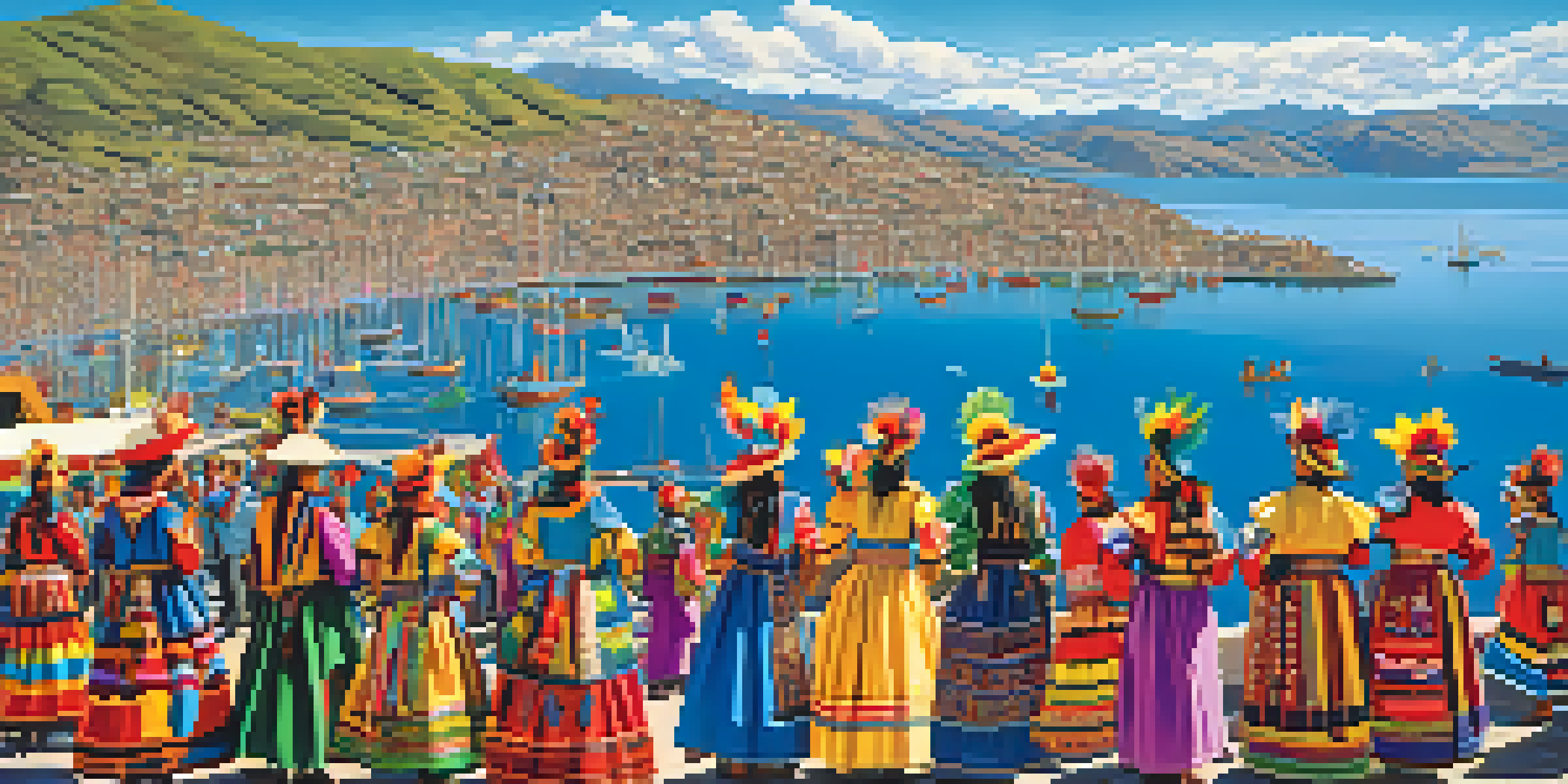 A lively festival scene with participants in colorful traditional costumes, a picturesque lake, and a clear sky.