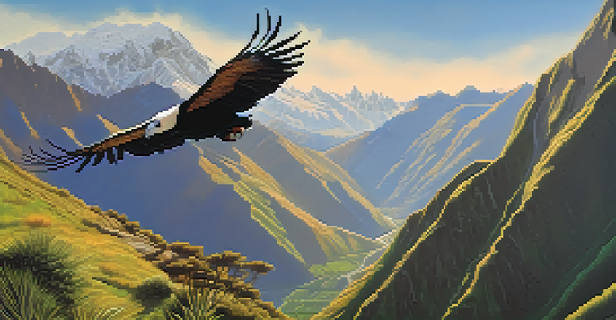 A scenic sunrise view of the Andes mountains with an Andean condor soaring above, surrounded by green valleys and rugged peaks.