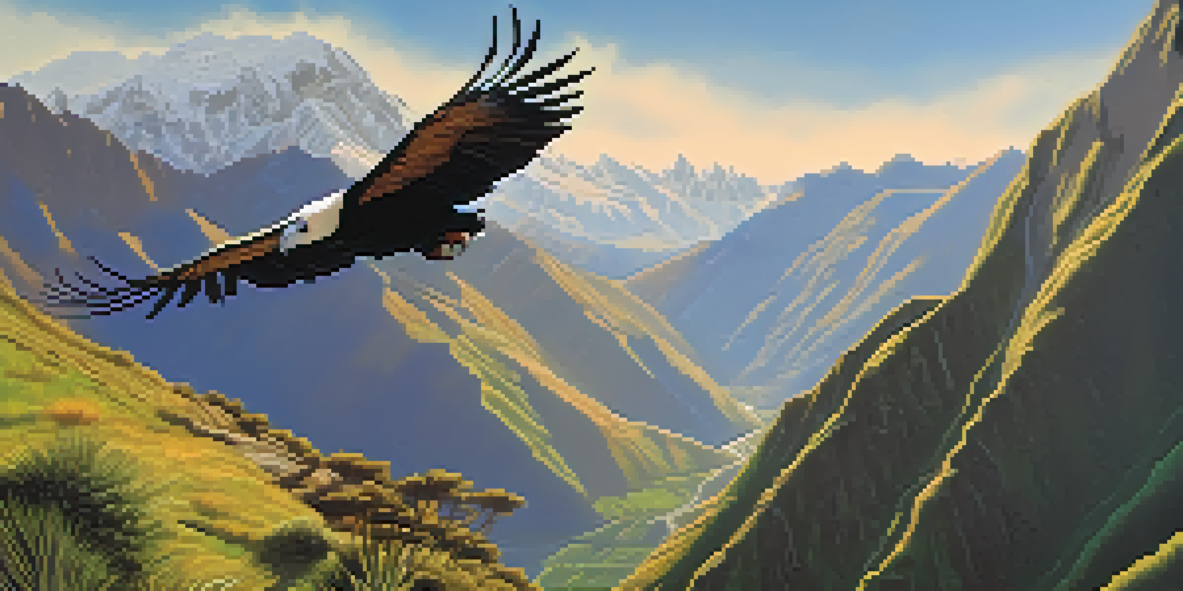 A scenic sunrise view of the Andes mountains with an Andean condor soaring above, surrounded by green valleys and rugged peaks.