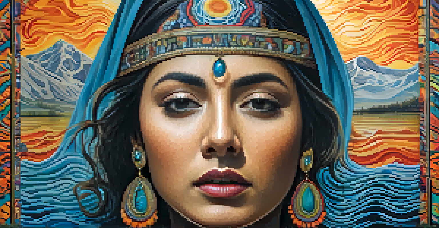 A colorful mural of La Llorona, displaying her sorrowful expression amidst swirling patterns of water and cultural motifs.