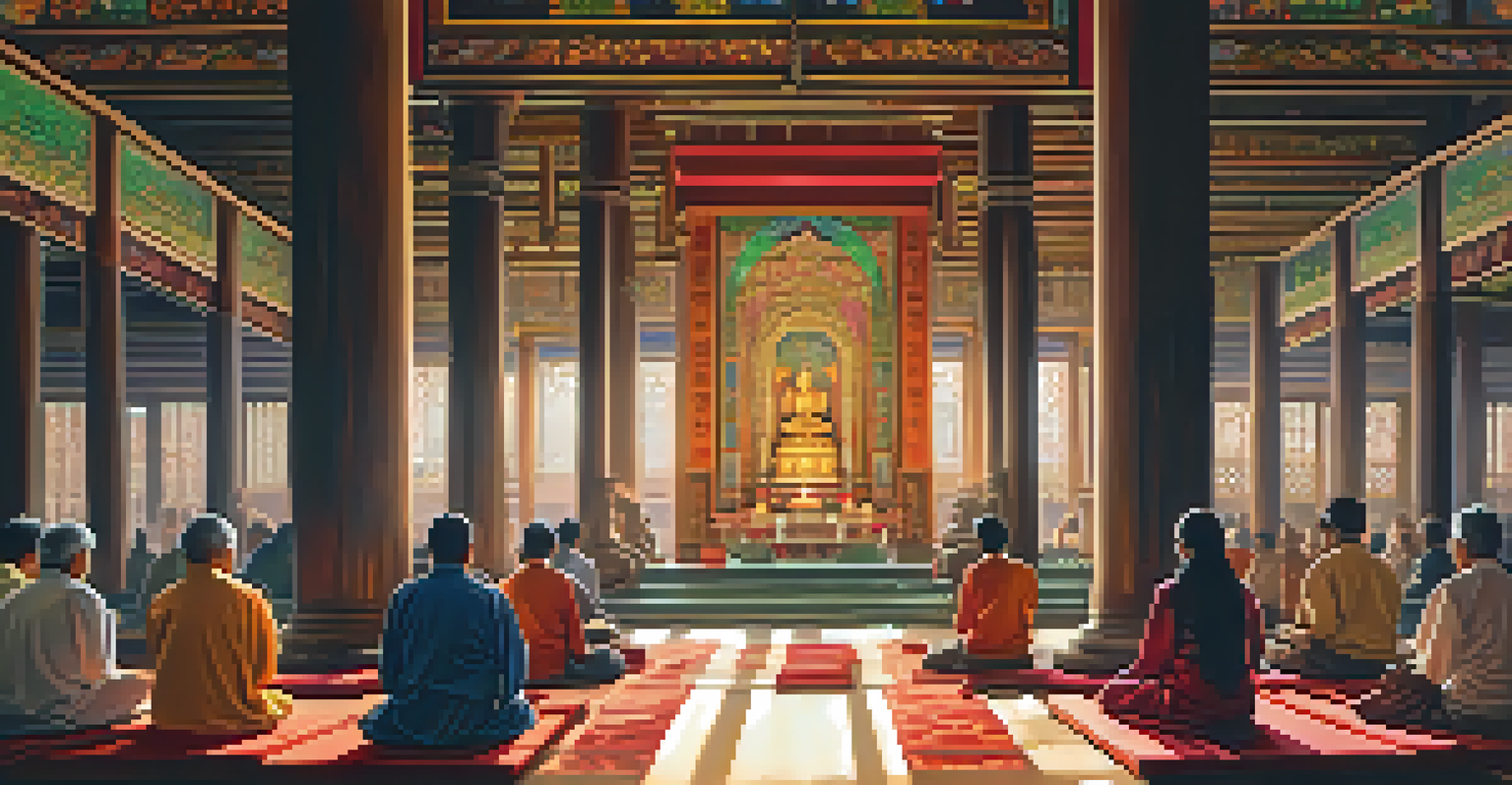 An interior view of a traditional temple during a prayer ceremony, with worshippers in meditation, illuminated by warm light from stained glass windows.