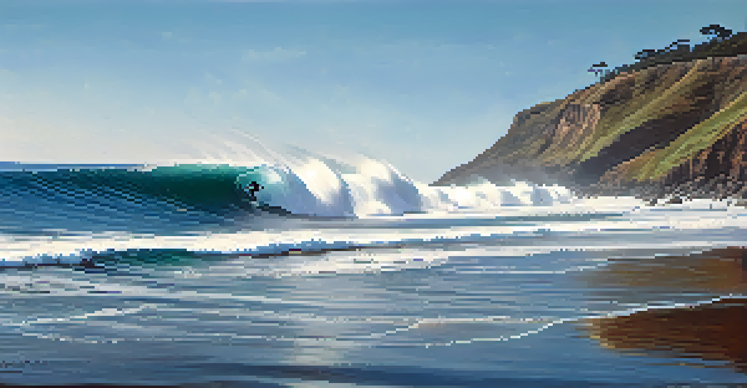 Experienced surfers riding high waves at Pico Alto, with dramatic cliffs in the background and a clear blue sky.