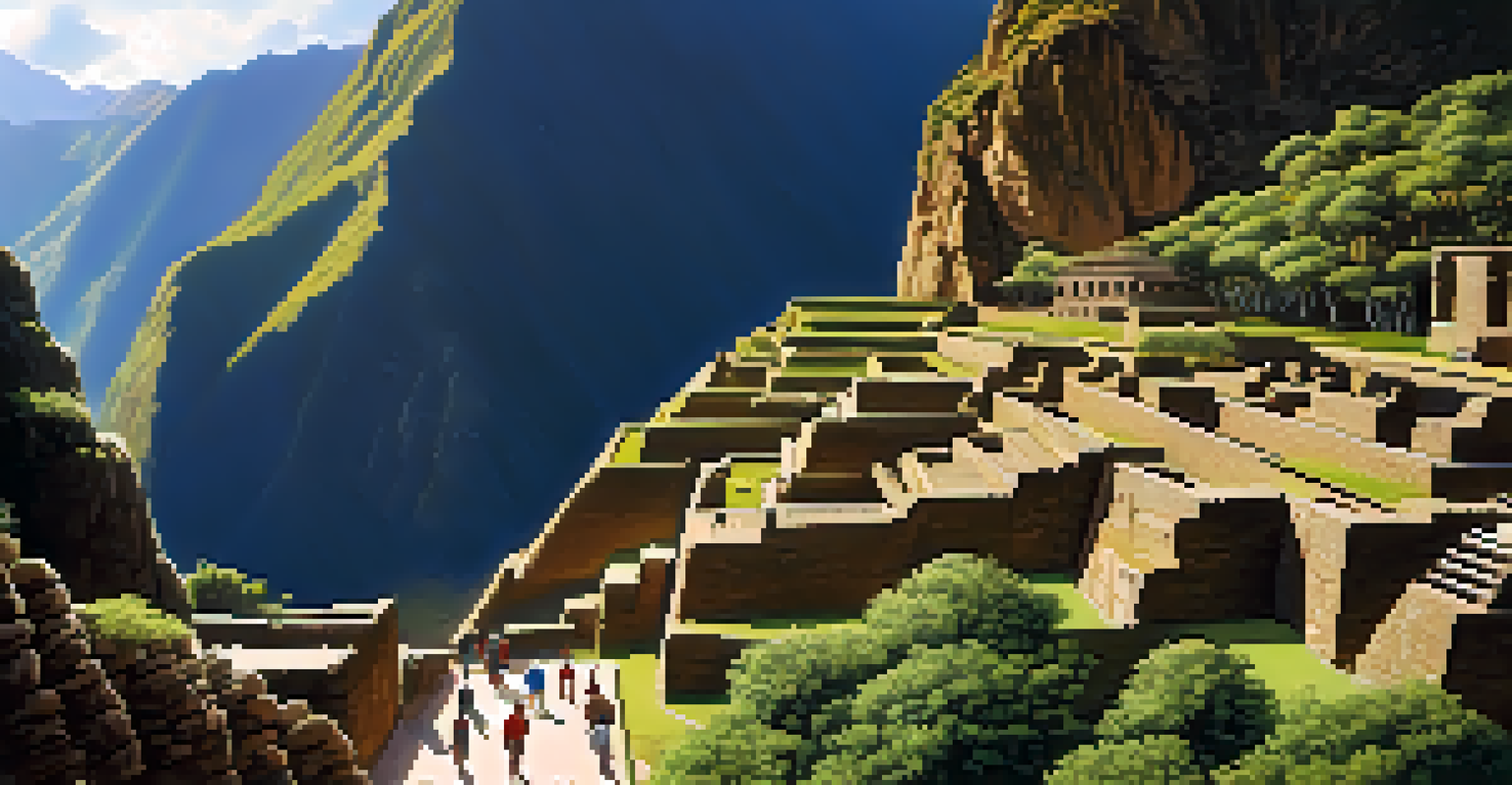 A small group of tourists exploring the ancient ruins of Ollantaytambo with a guide, surrounded by lush greenery and sunlight.