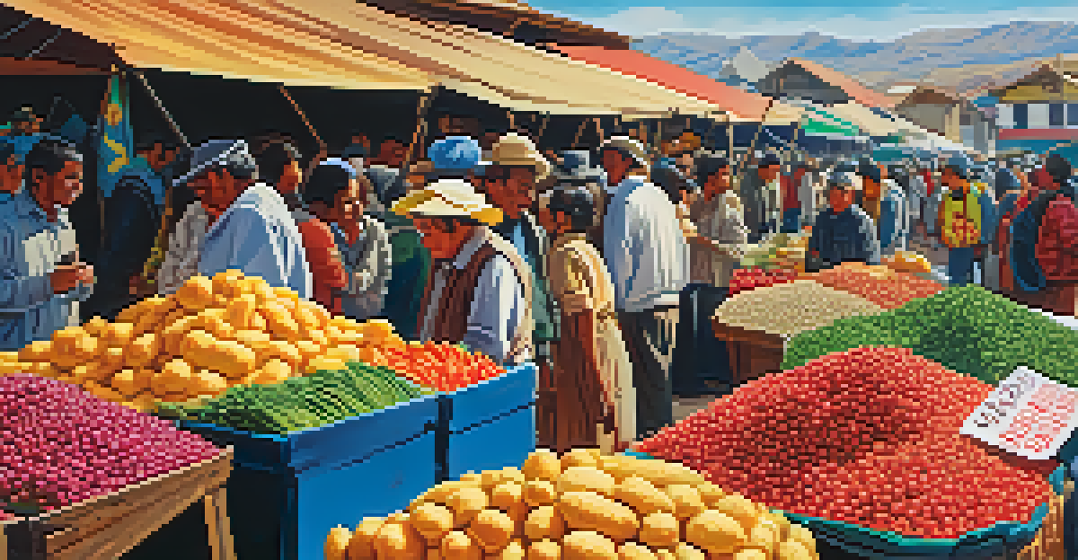 A lively outdoor market scene showcasing stalls with fresh Andean produce, including potatoes and quinoa, with people and colorful banners under a clear blue sky.