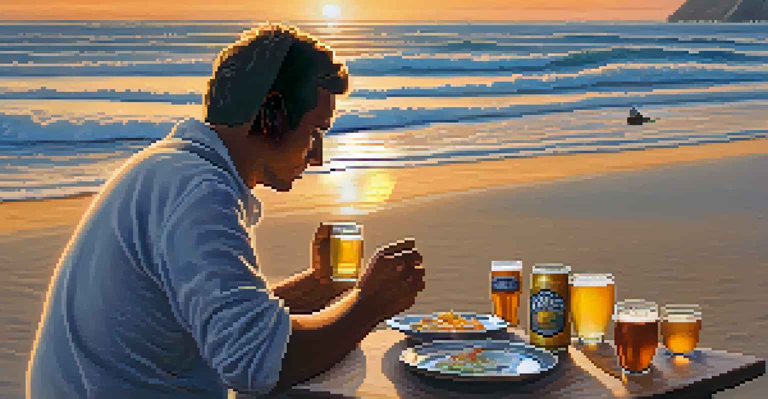 A person relaxing on a beach with a cold Peruvian craft beer and ceviche, as the sun sets over the ocean.