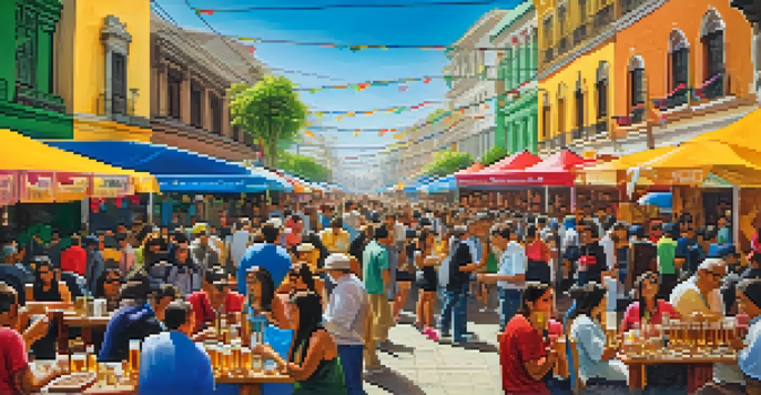 A lively craft beer festival in Lima with colorful booths, people sampling beers, and food stalls.