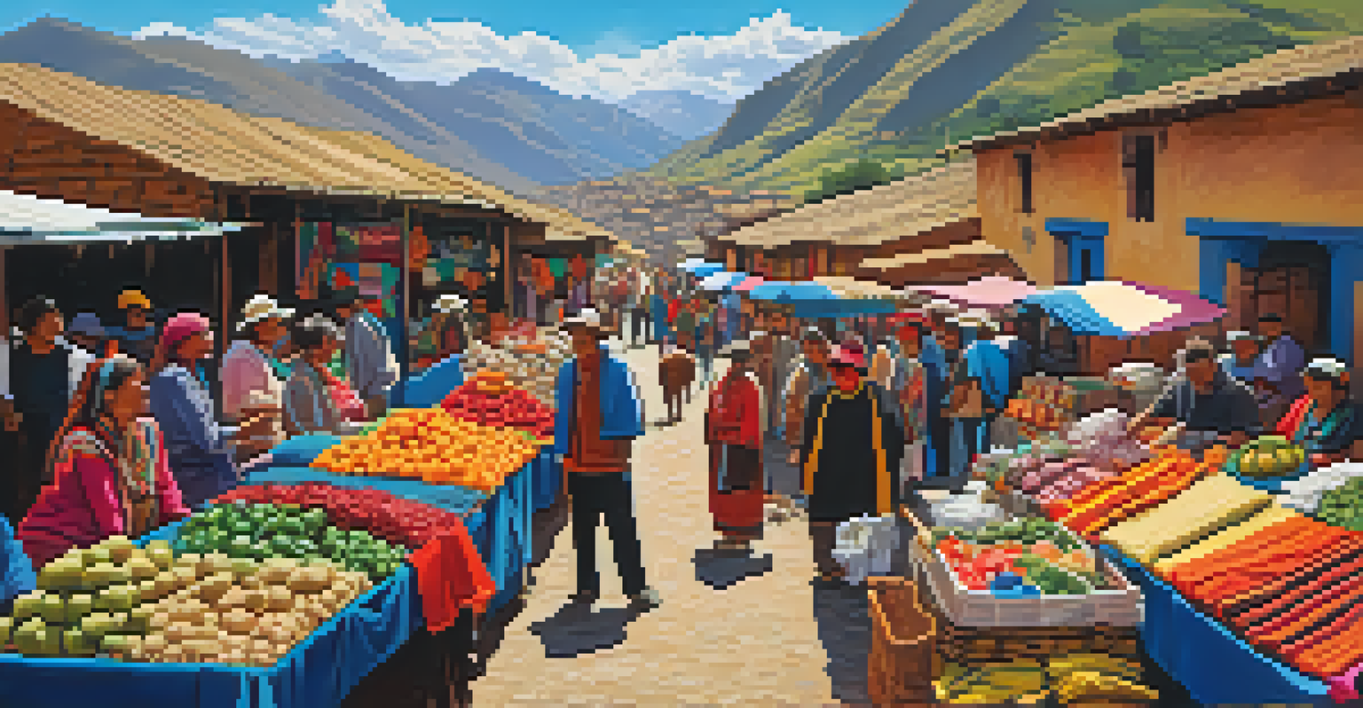 A lively market scene in Pisac, displaying colorful textiles and fresh produce, with local artisans interacting with customers.