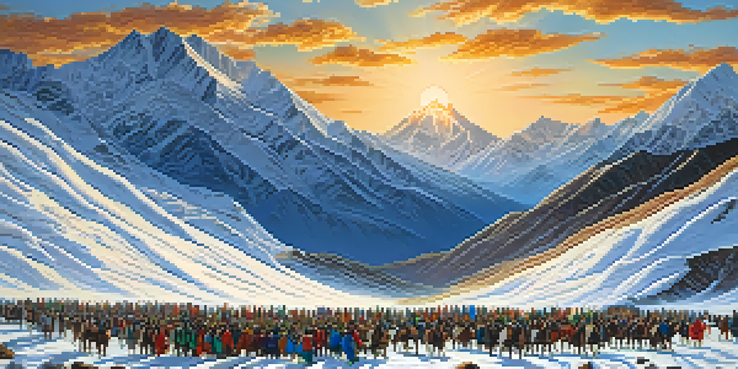 A panoramic view of the Andes mountains with colorful pilgrims trekking through rugged terrain at dusk, with sunset light illuminating the landscape.