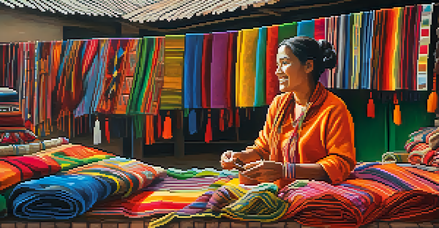 An artist in a lively market surrounded by colorful Peruvian textiles, interacting with indigenous artisans, capturing a vibrant and creative community atmosphere.