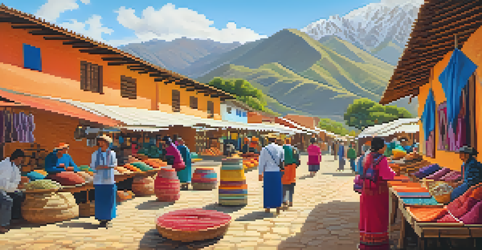 A lively artisan market in Peru with local crafts and artisans engaging with tourists against a backdrop of traditional houses and mountains.