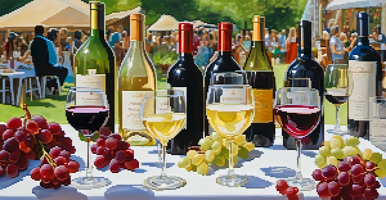 A close-up of wine tasting with glasses of red and white wine, and guides interacting with attendees at a colorful festival.