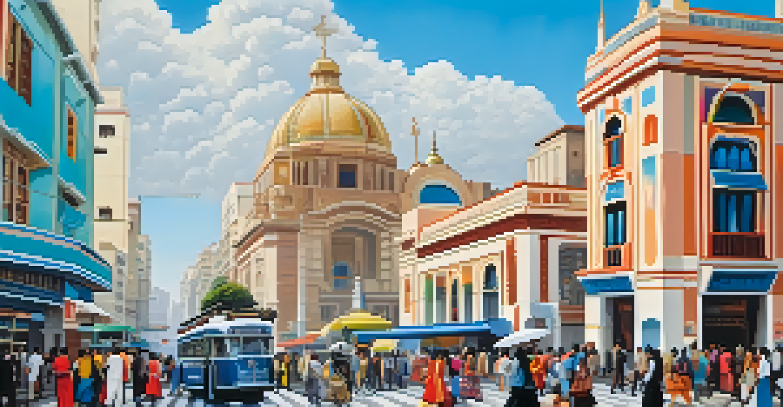 A lively street scene in Lima, Peru, with iconic Art Deco buildings and people in modern and traditional attire.