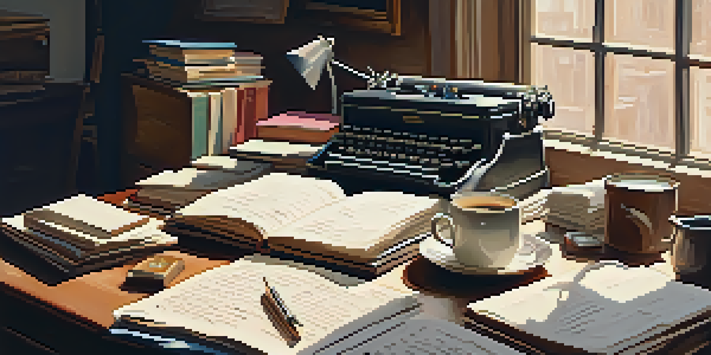 A cozy writer's desk with books, a typewriter, and a cup of coffee in warm light.