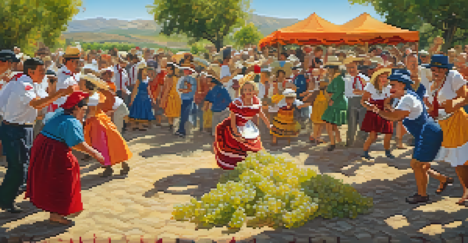 Participants joyfully stomping grapes in a competition, with a lively crowd and vineyards in the background, capturing the festive spirit.
