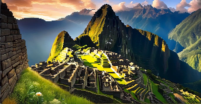 A breathtaking sunrise view of Machu Picchu with mist, green terraces, and the Andes mountains.