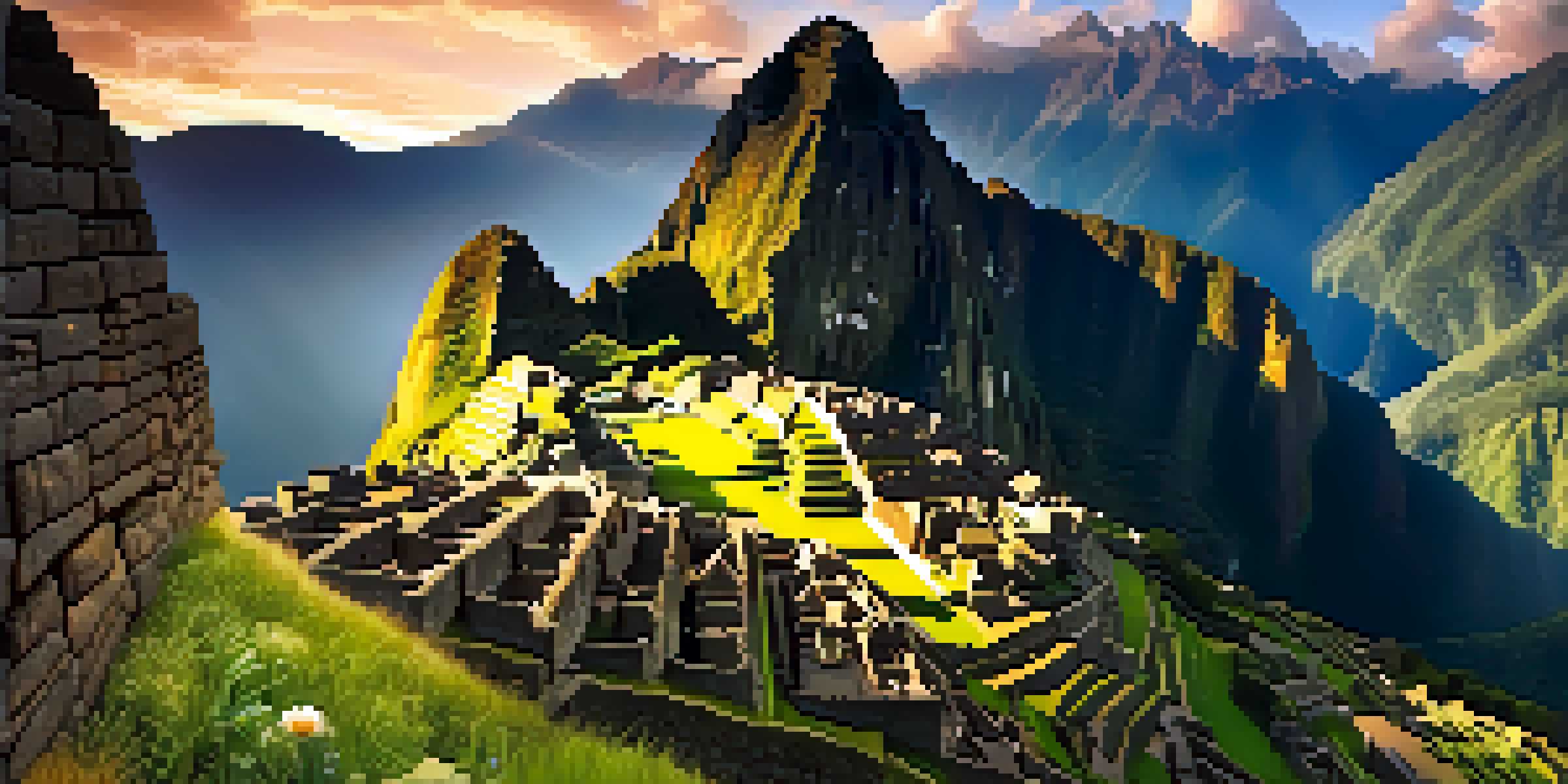 A breathtaking sunrise view of Machu Picchu with mist, green terraces, and the Andes mountains.