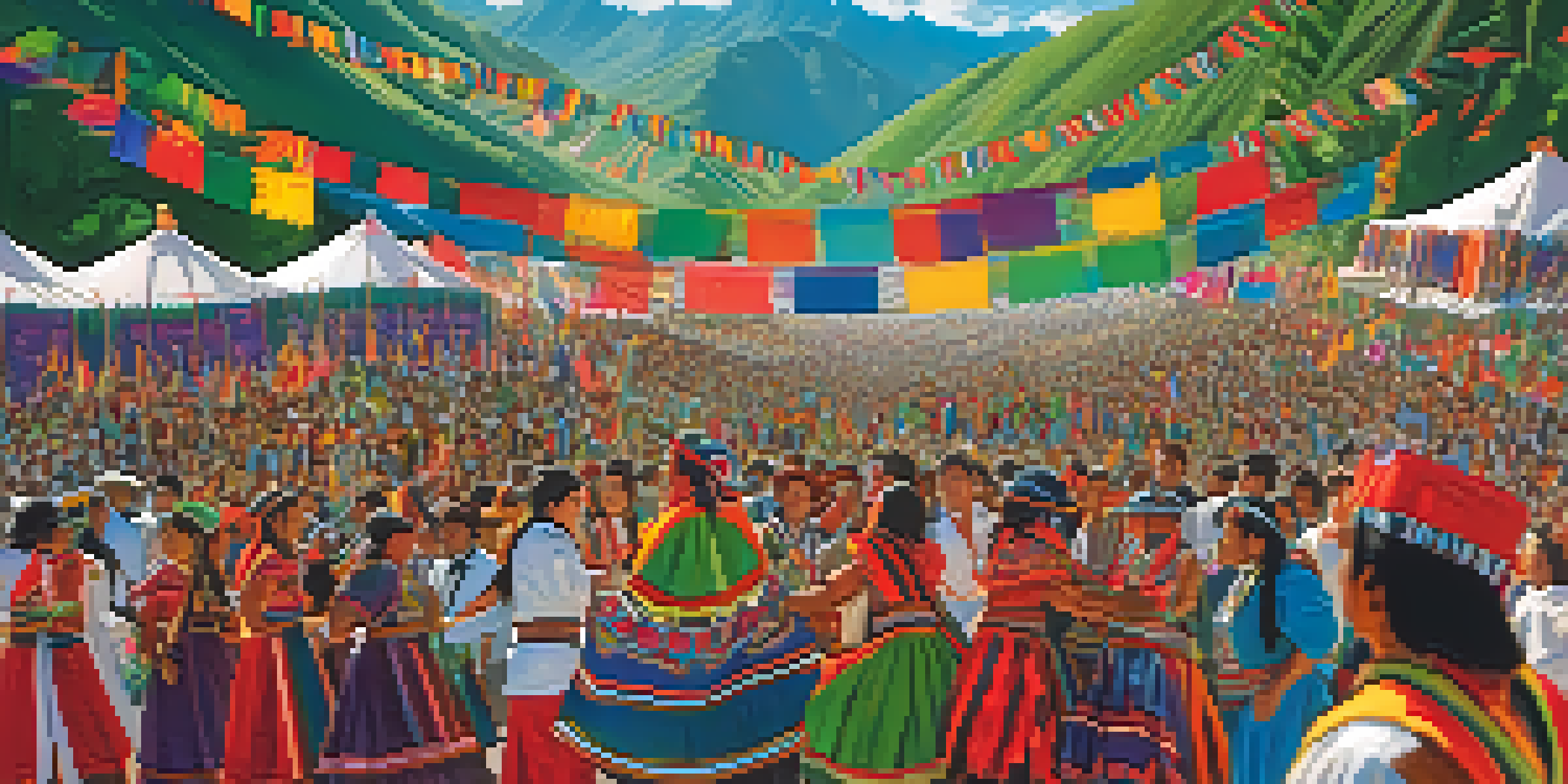 A lively festival in Peru with people in traditional costumes celebrating Indigenous languages, surrounded by a colorful atmosphere and beautiful mountains in the background.