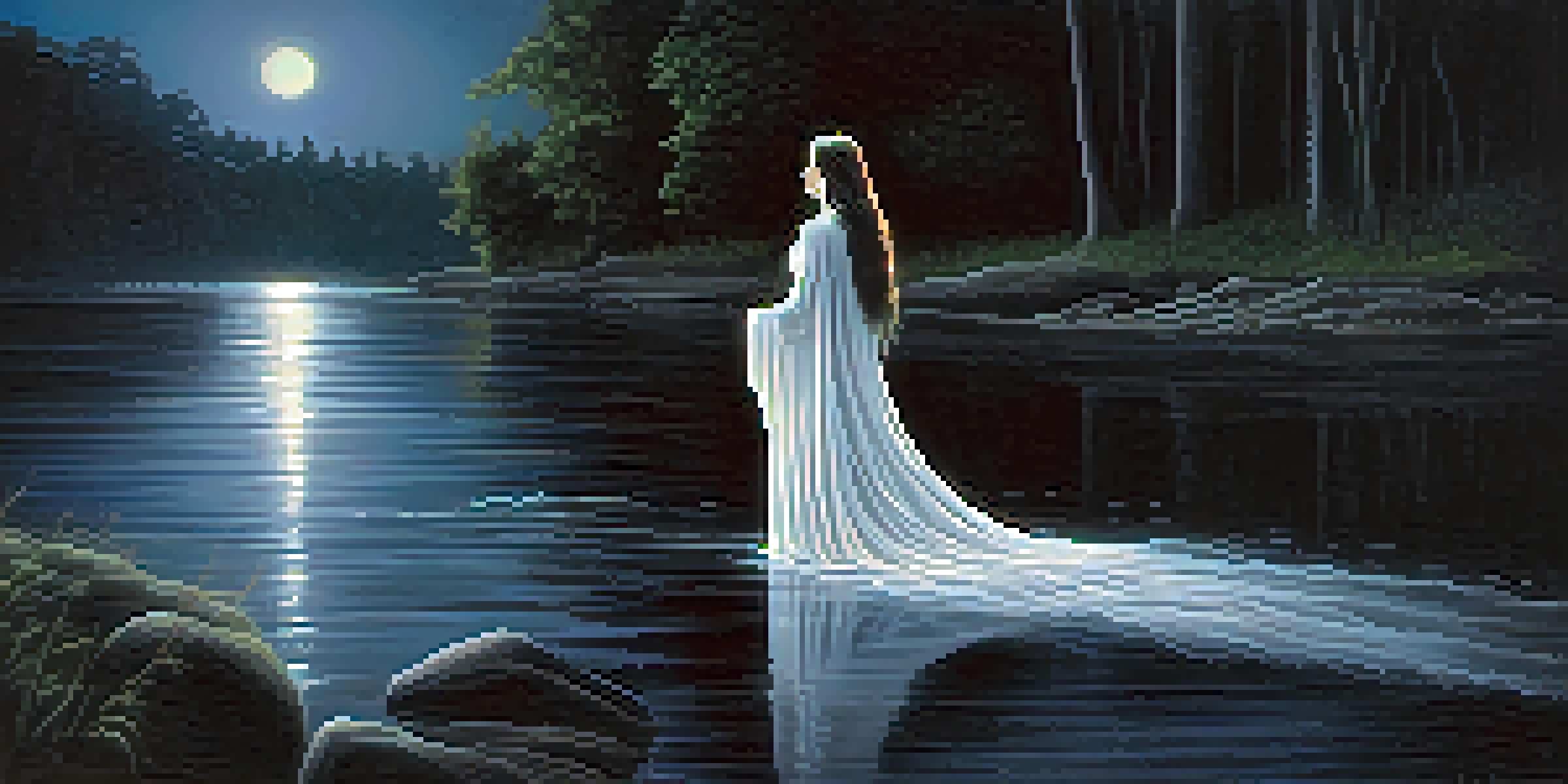 A ghostly woman in a white dress stands by a river under a moonlit sky, looking sorrowfully into the water, surrounded by dark trees and shimmering stars.