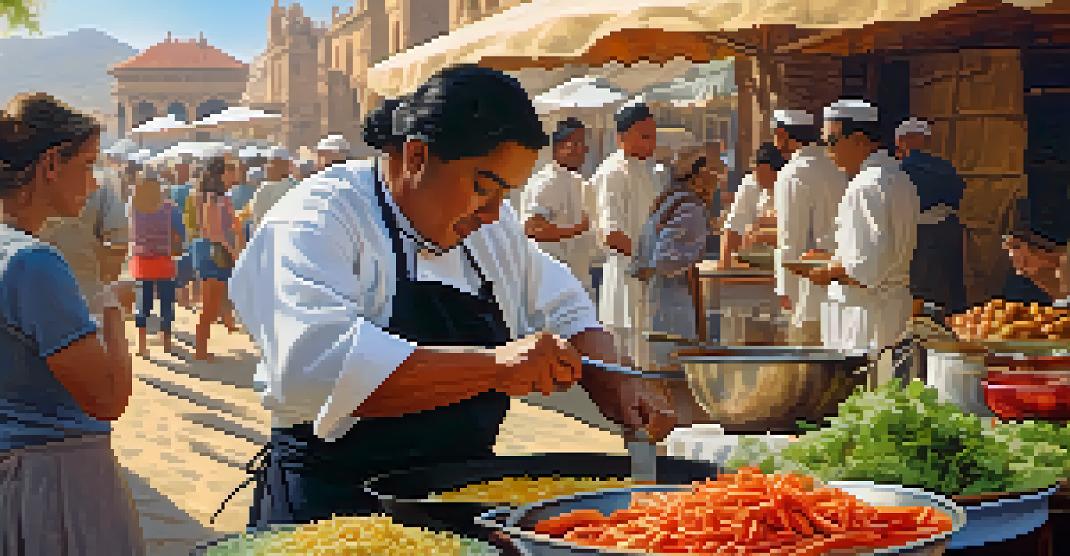 A close-up of a local chef preparing traditional food in an open-air market at a heritage site, with fresh ingredients visible.