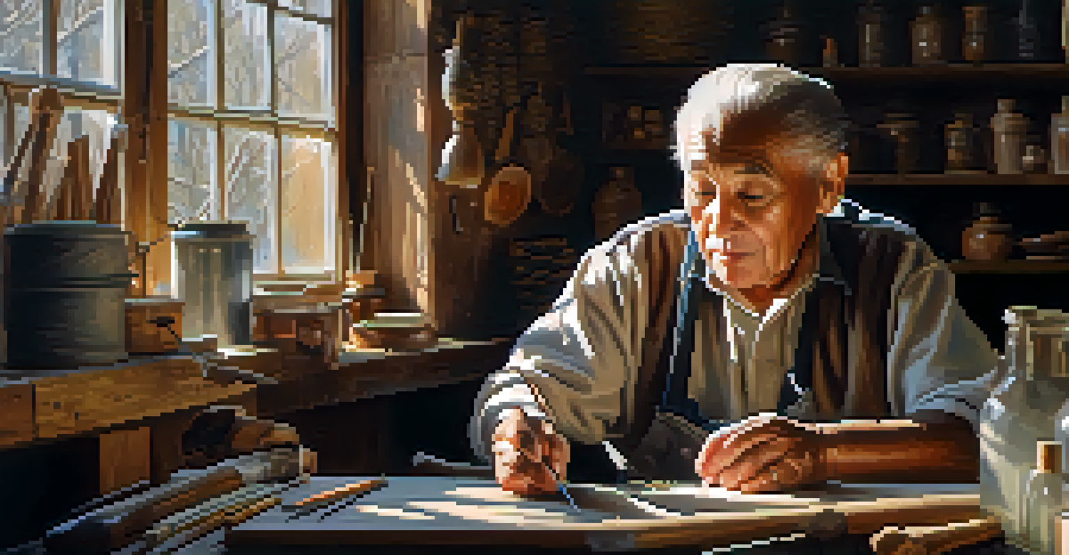 An elderly artisan working in their workshop, surrounded by tools and materials, with soft light highlighting their hands.