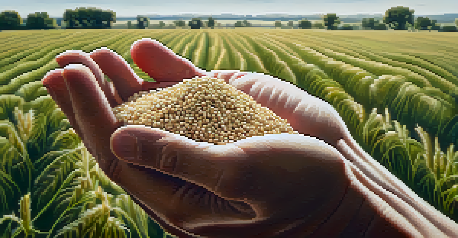 Close-up of a farmer's hands holding freshly harvested quinoa grains against blurred green fields, with soft natural light accentuating the texture of the seeds.