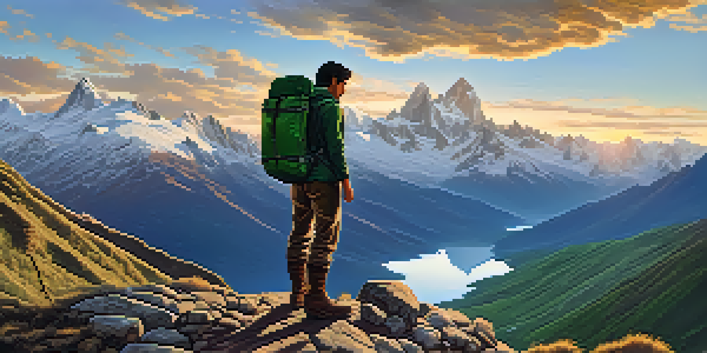 A hiker stands on a rocky trail in the Andes mountains at sunrise, surrounded by golden light and green valleys, with gear like a first aid kit and water bottle nearby.