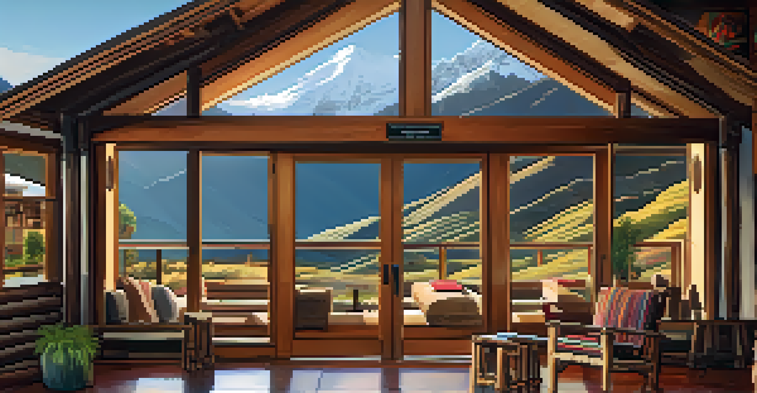 An accessible lodge in the Peruvian Andes with wheelchair ramps and stunning mountain views through large windows.