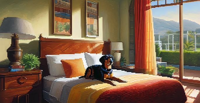 A pet-friendly hotel room in Lima with a dog relaxing on a pet bed, large windows, and a view of a green park.