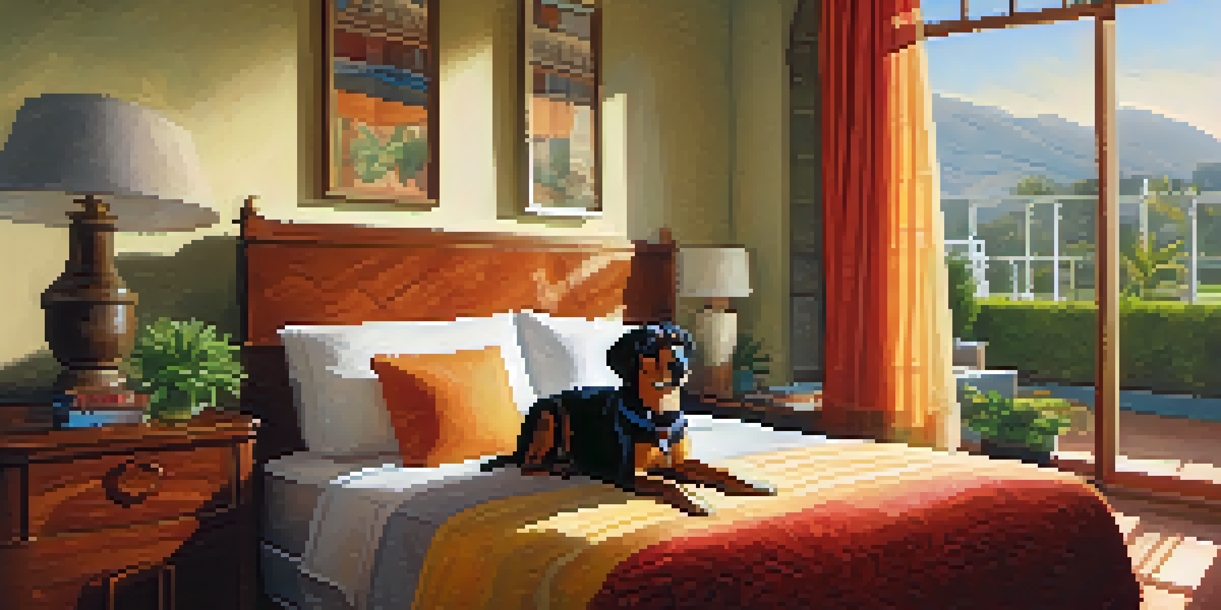 A pet-friendly hotel room in Lima with a dog relaxing on a pet bed, large windows, and a view of a green park.