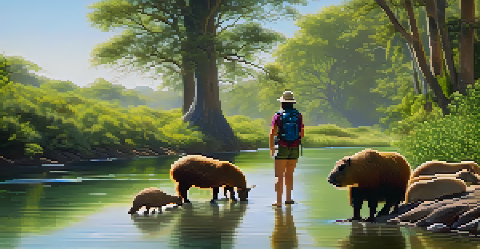 A hiker observing capybaras by a riverbank, surrounded by lush vegetation and soft sunlight.