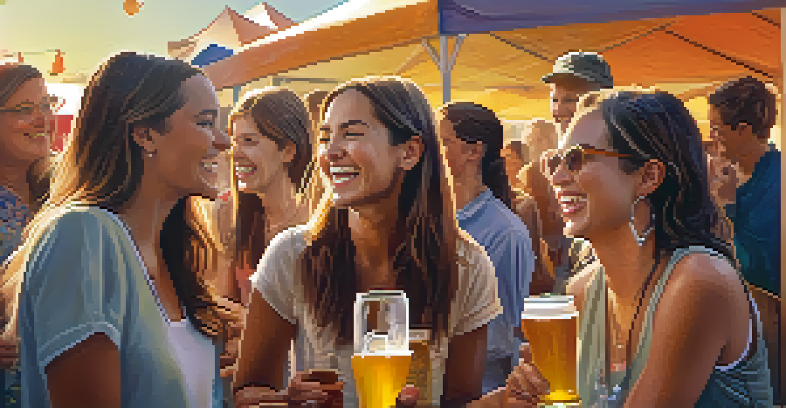 Women brewers enjoying a craft beer tasting festival outdoors, surrounded by colorful tents and a warm evening light.