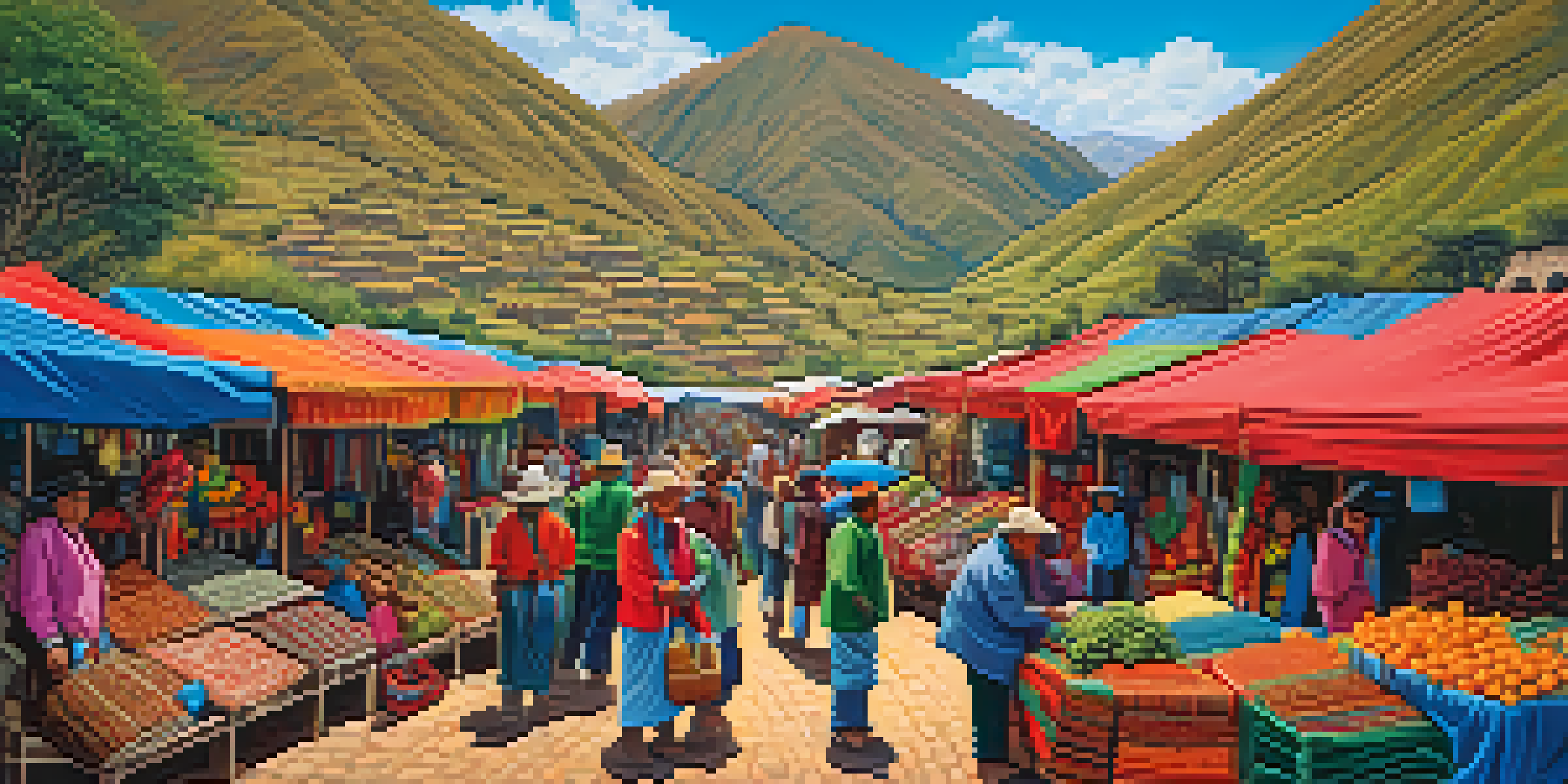 A lively local market in Pisac, Peru, filled with colorful handmade textiles and friendly interactions between vendors and tourists.