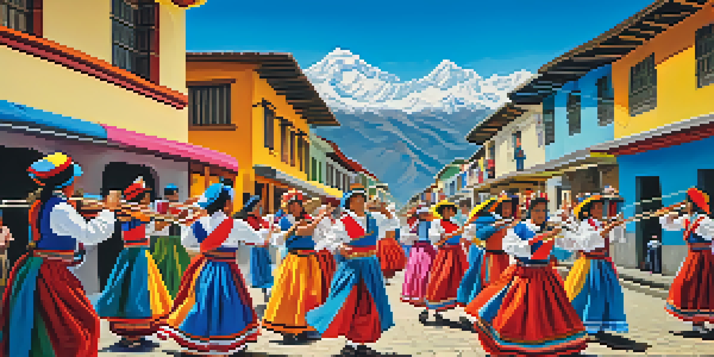 A lively Peruvian village festival with musicians playing traditional instruments and dancers in colorful costumes against the backdrop of the Andes mountains.