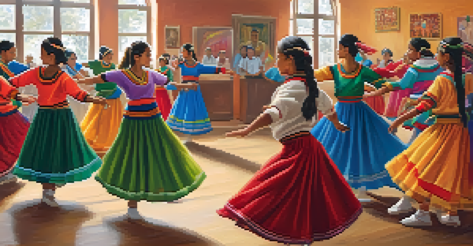 A diverse group of dancers in a workshop learning traditional Peruvian dance techniques, with a teacher demonstrating movements in a culturally decorated room.