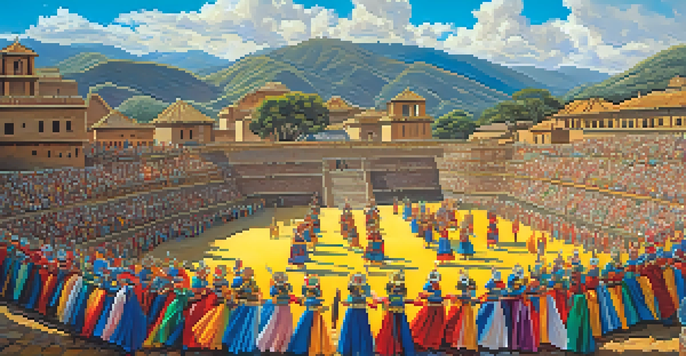 Dancers in colorful costumes performing at the Inti Raymi Festival in Cusco, with the Sacsayhuamán archaeological site in the background under a clear blue sky.