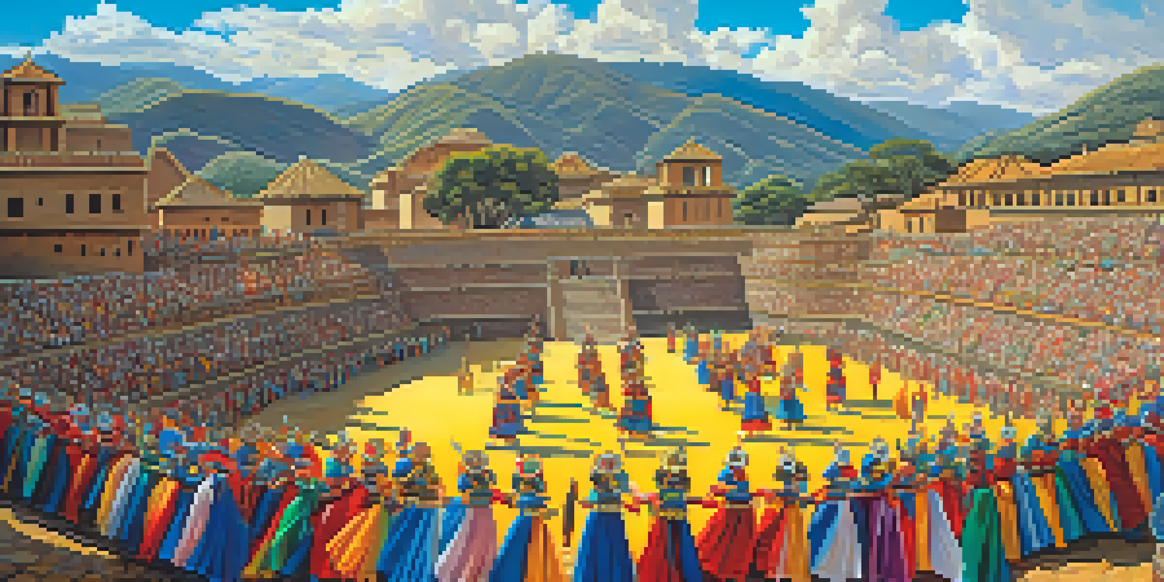 Dancers in colorful costumes performing at the Inti Raymi Festival in Cusco, with the Sacsayhuamán archaeological site in the background under a clear blue sky.