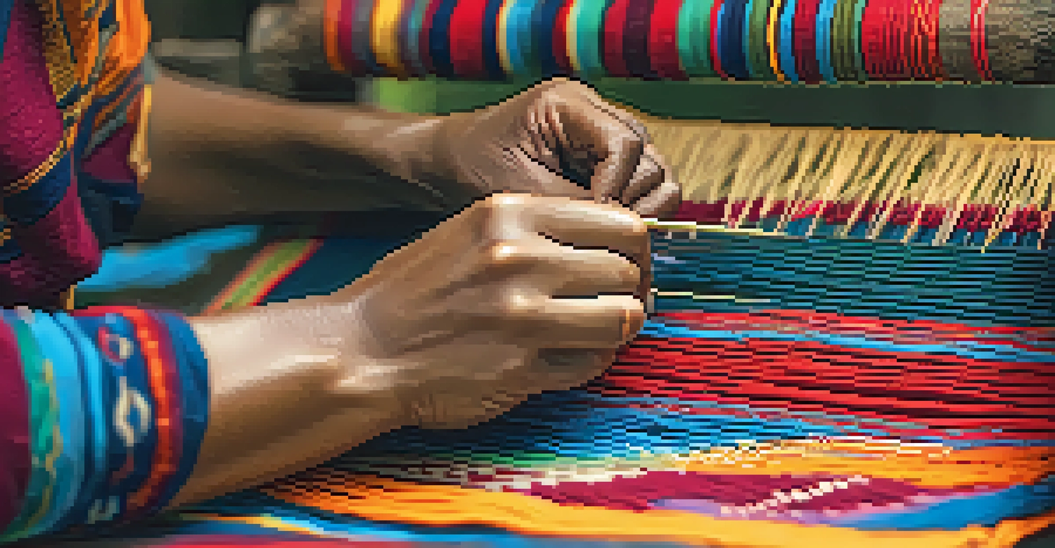 An indigenous artisan weaving a colorful textile on a traditional loom, showcasing intricate patterns and vibrant colors.