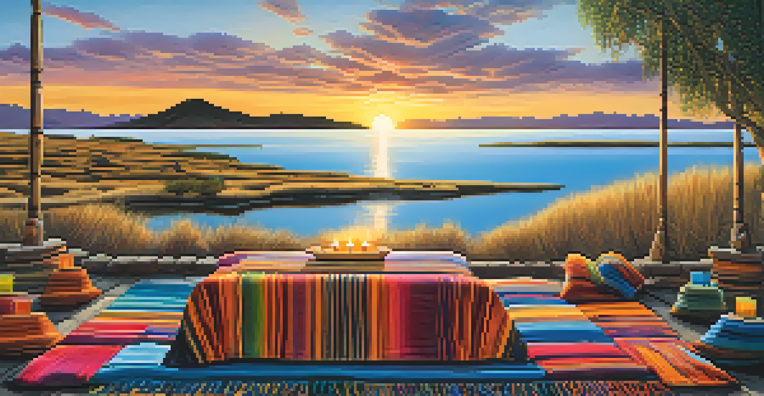 A meditation space beside Lake Titicaca with cushions, an altar, and a sunset reflecting on the water.