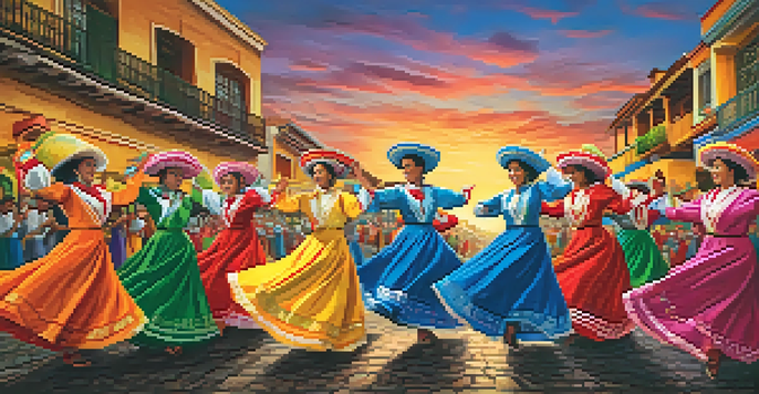 A lively parade during the Fiesta de la Candelaria festival with locals in colorful costumes dancing, set against a backdrop of sunset colors.