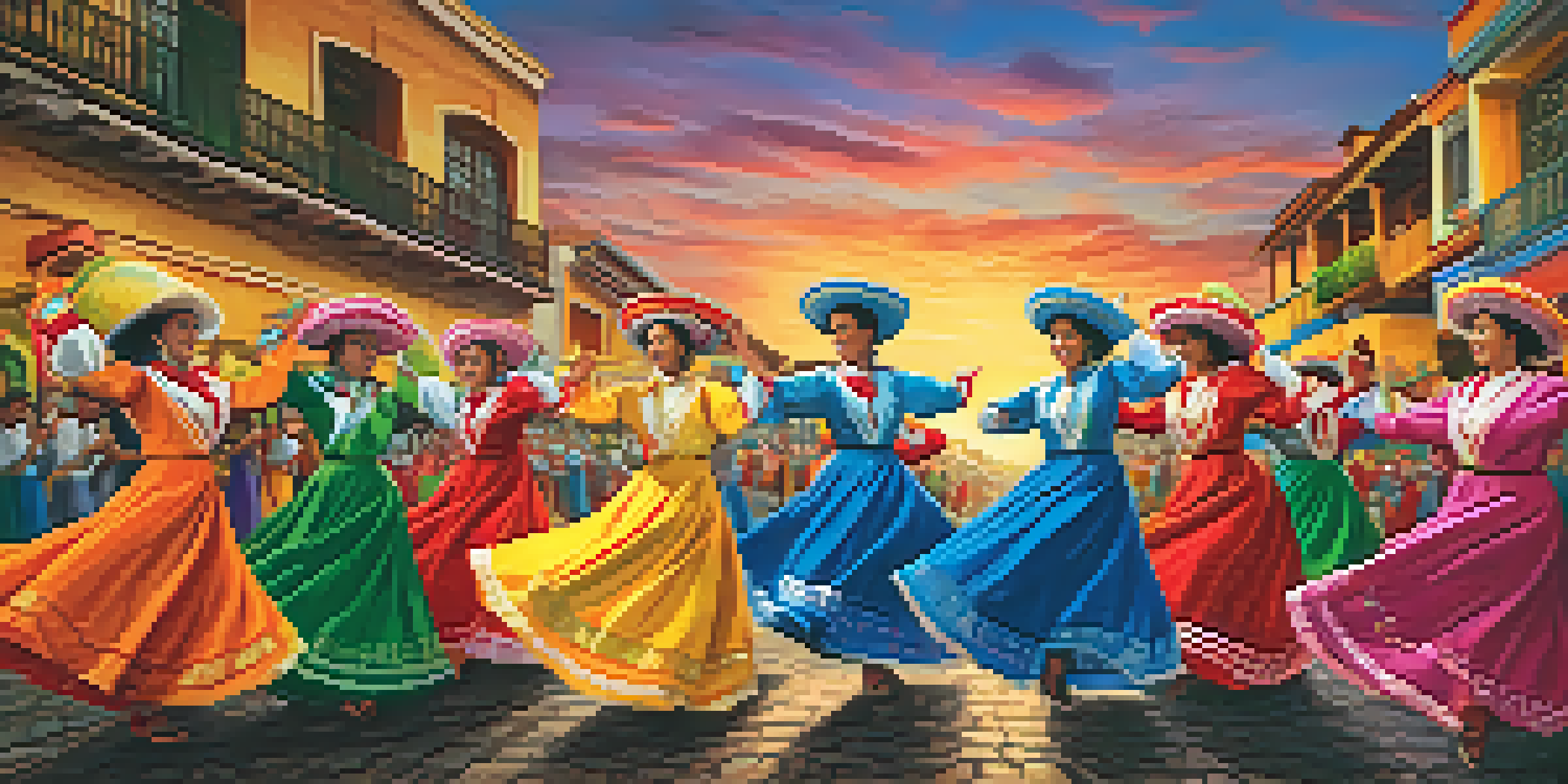 A lively parade during the Fiesta de la Candelaria festival with locals in colorful costumes dancing, set against a backdrop of sunset colors.
