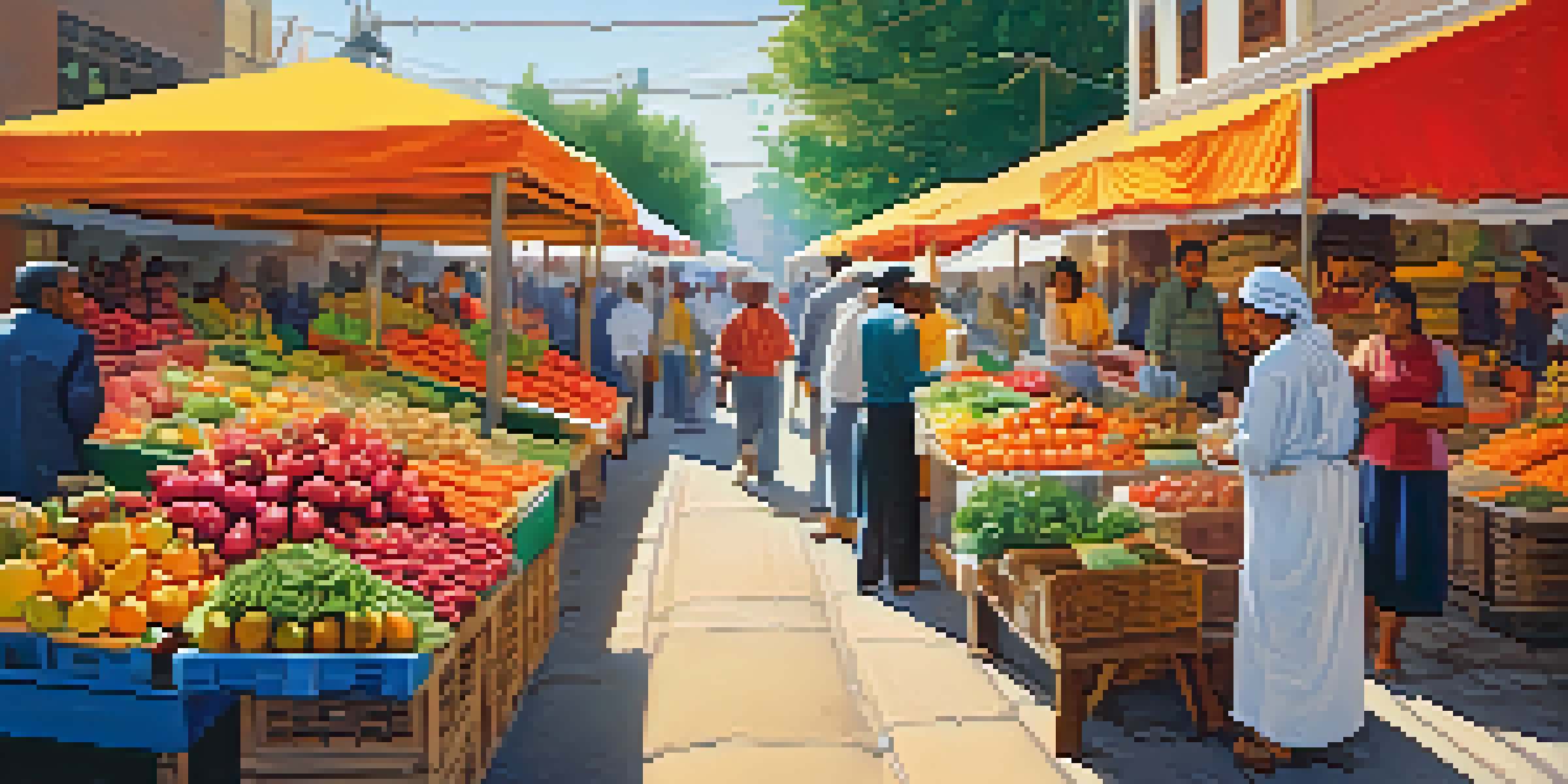 A lively local market with colorful stalls filled with fresh fruits and vegetables, vendors engaging with customers under warm sunlight.