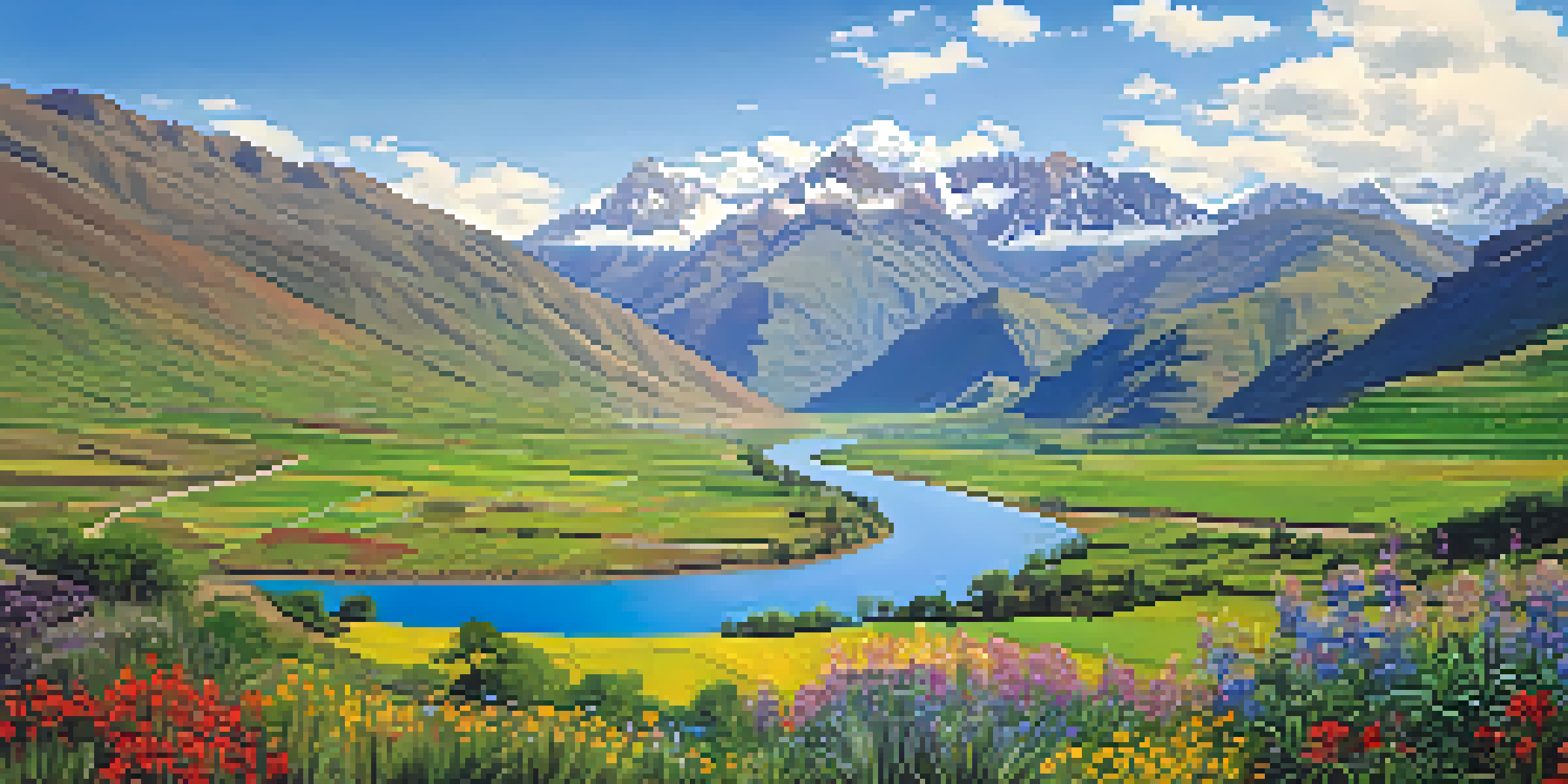 A scenic view of the Sacred Valley with green valleys, Andes mountains, and a winding river under a clear blue sky.