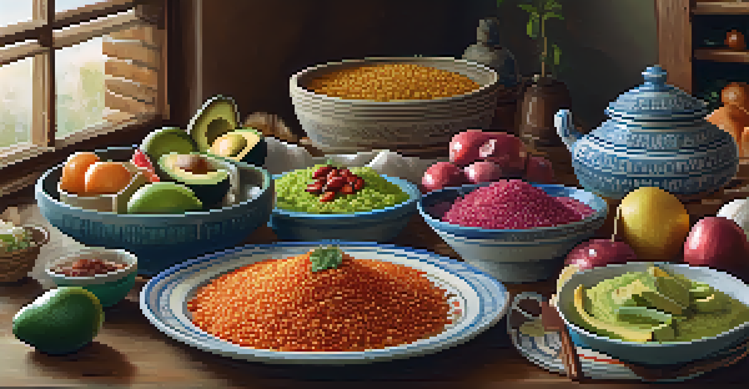 A table set with traditional Peruvian dishes made from fresh ingredients, surrounded by a rustic kitchen ambiance.