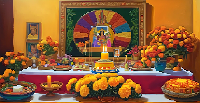 A beautifully decorated altar for Día de Todos los Santos in Peru, featuring marigolds, candles, and photos of loved ones, creating a warm and inviting atmosphere.