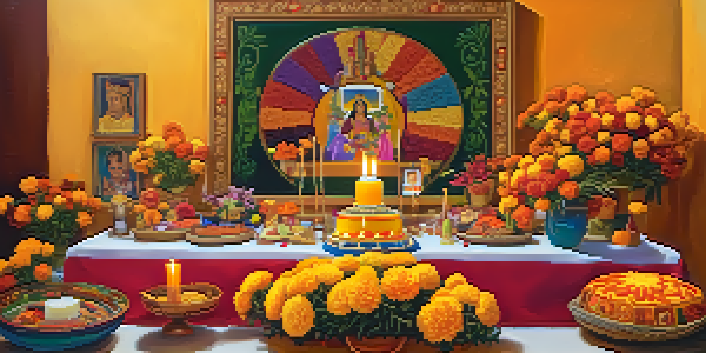 A beautifully decorated altar for Día de Todos los Santos in Peru, featuring marigolds, candles, and photos of loved ones, creating a warm and inviting atmosphere.
