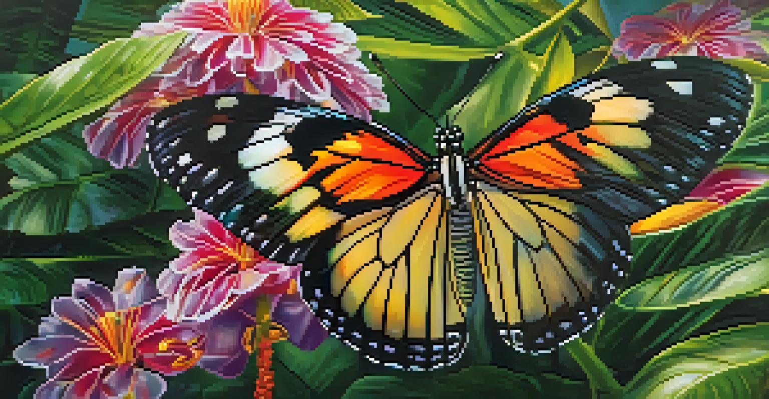 A Glasswing butterfly with see-through wings flying near vibrant tropical flowers in a lush green environment.