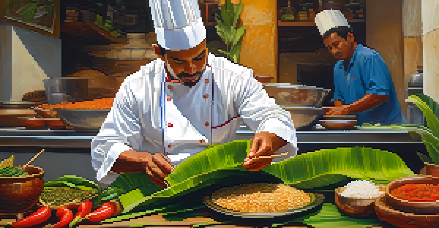 A chef preparing juanes in a traditional kitchen, with colorful ingredients and banana leaves, capturing the essence of community cooking.