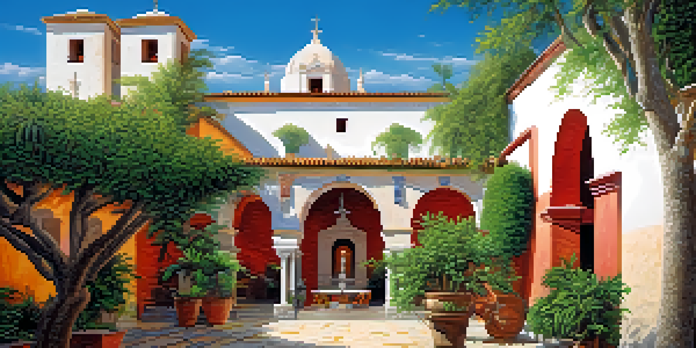 A colorful and expansive view of the Santa Catalina Monastery in Arequipa, showcasing its vibrant architecture and lush surroundings.